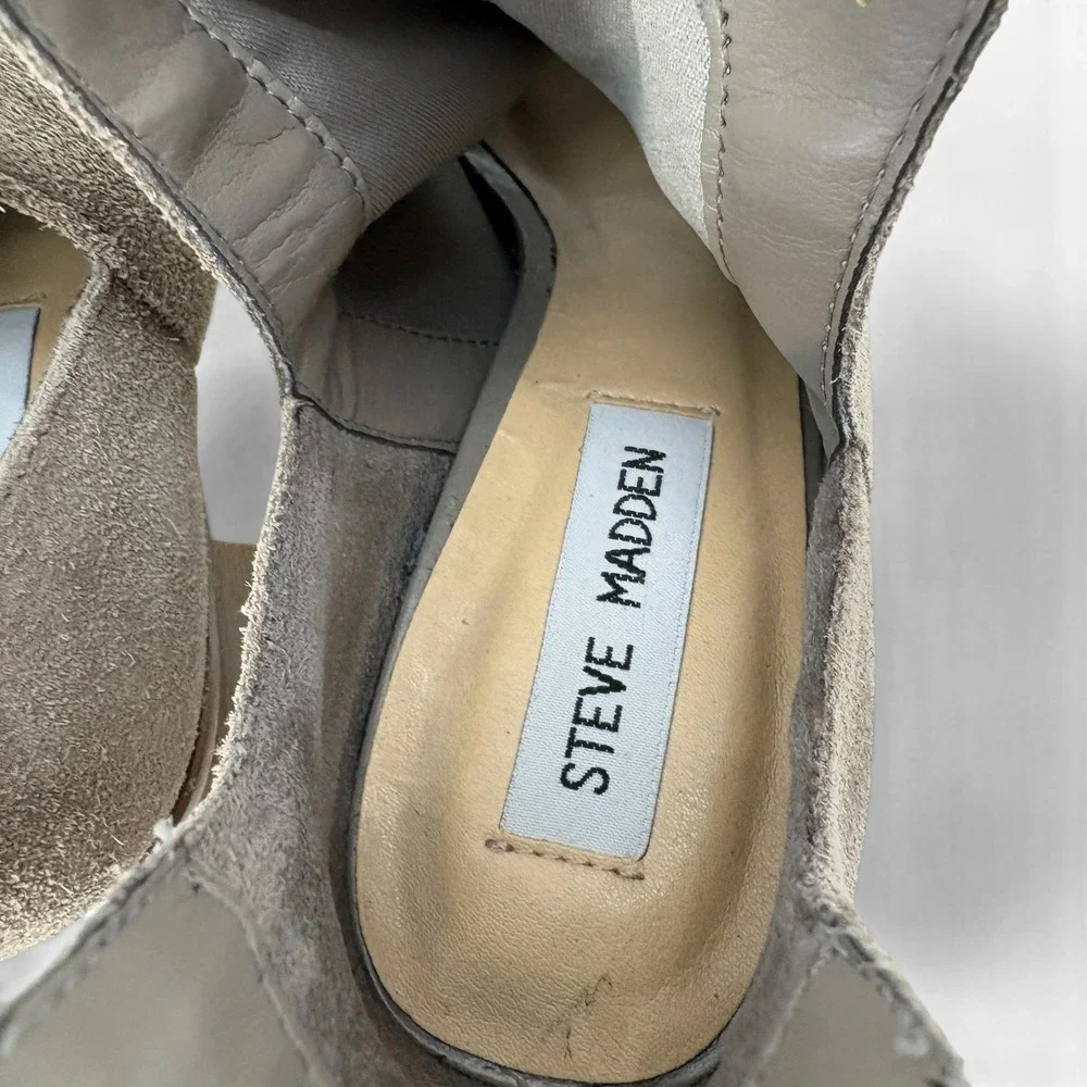 Steve‎ Madden Nellie Taupe Suede Peep Toe Cutout Block Heel Booties Women's 6